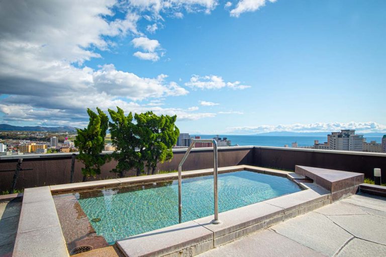 View of Hakodate cityscape from a hot spring in the sky